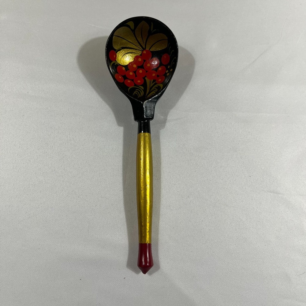 Vintage Russian Khokhloma Hand Painted Wood Spoon Floral Black Red Gold Folk Art